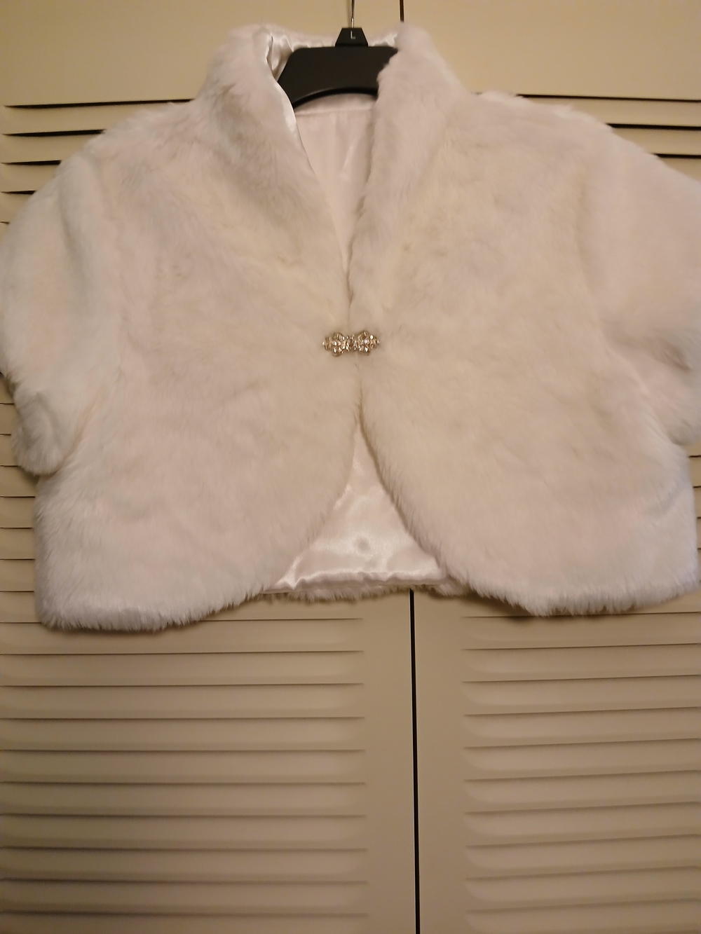 White Faux Fur Shrug Jacket with Rhinestone Clasp